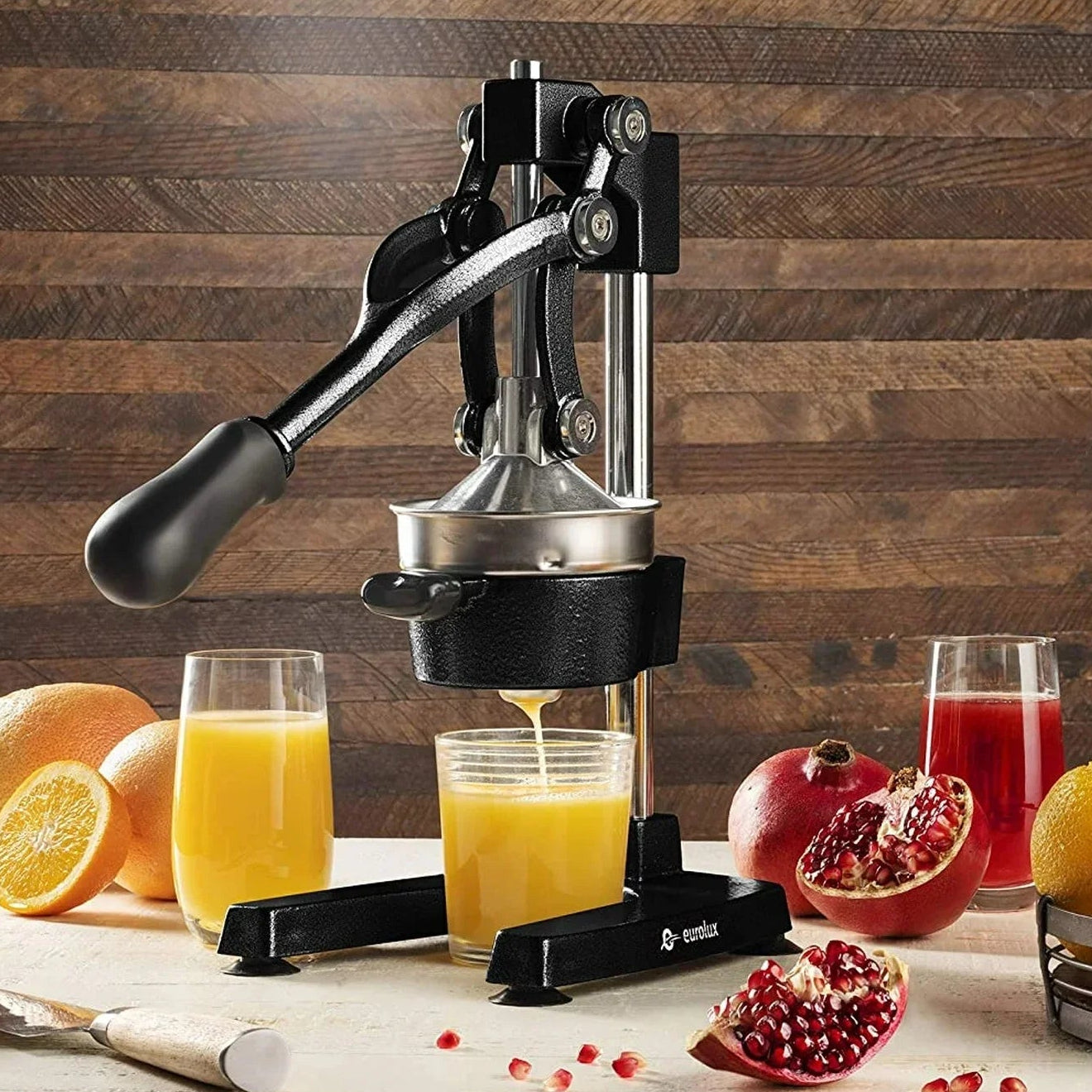 Cast Iron Citrus Press Juicer Commercial Grade Manual Citrus Juicer with Stainless Steel Cup, Black